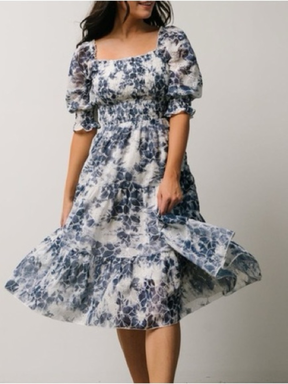 Baltic Born | Navy and White Floral Smocked Tiered Midi Dress